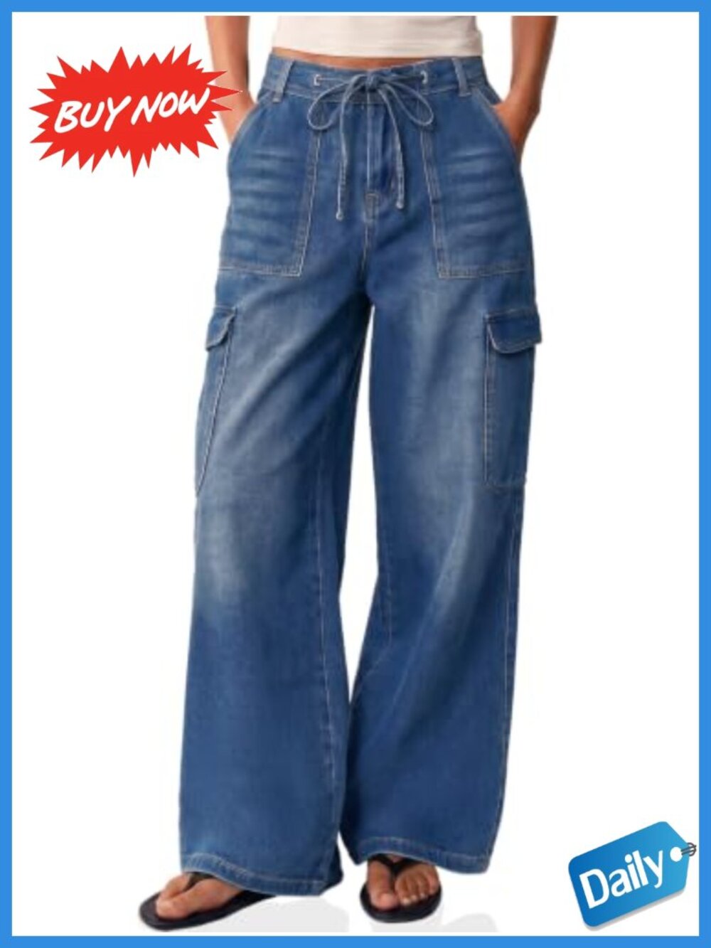 High Waisted Wide Leg Cargo Jeans Drawstring Pants